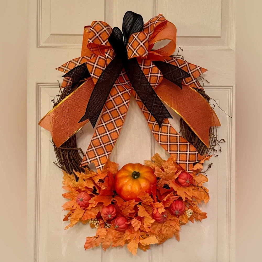 Festive Fall or Halloween Pumpkin Wreath with Orange and Black Plaid Bow